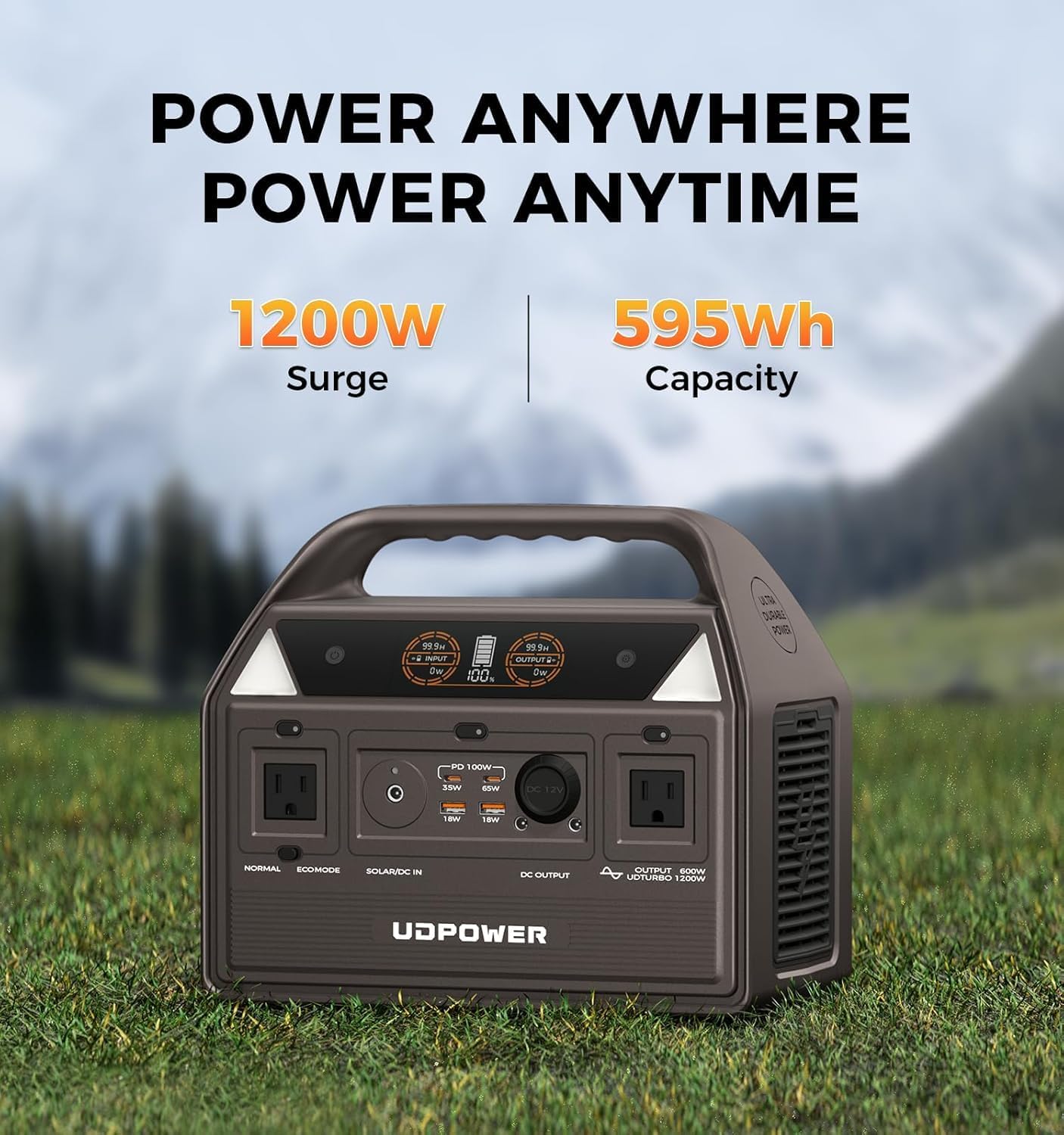 UDPOWER C600 Portable Power Station on grass, showing 1200W surge and 595Wh capacity