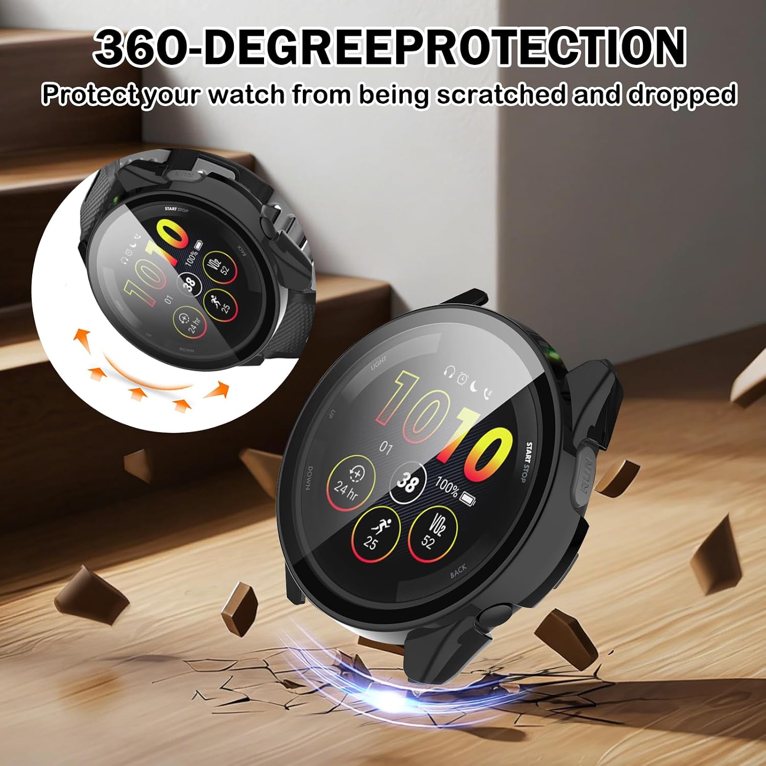 2 Pack for Garmin Forerunner 265 Smartwatch Screen Protector Hard PC Case, Full Coverage HD Ultra-Thin Anti-scratch Protective Cover with Built-in Tempered Glass Film and Charge Dust Plug-Black