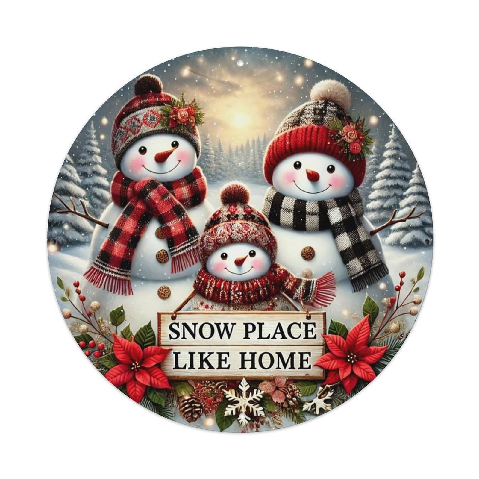 Snowman Family Winter Scene Retro Metal Sign Round Tin Sign, Vintage Decor Art Poster for Bar, Home, Man Cave, Kitchen, Laundry Room Gift 8x8Inch