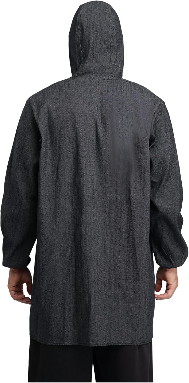 Mens Wear-Resistant Hooded Lab Coat Jackets Front Button Denim Mechanical Workwear with Pockets