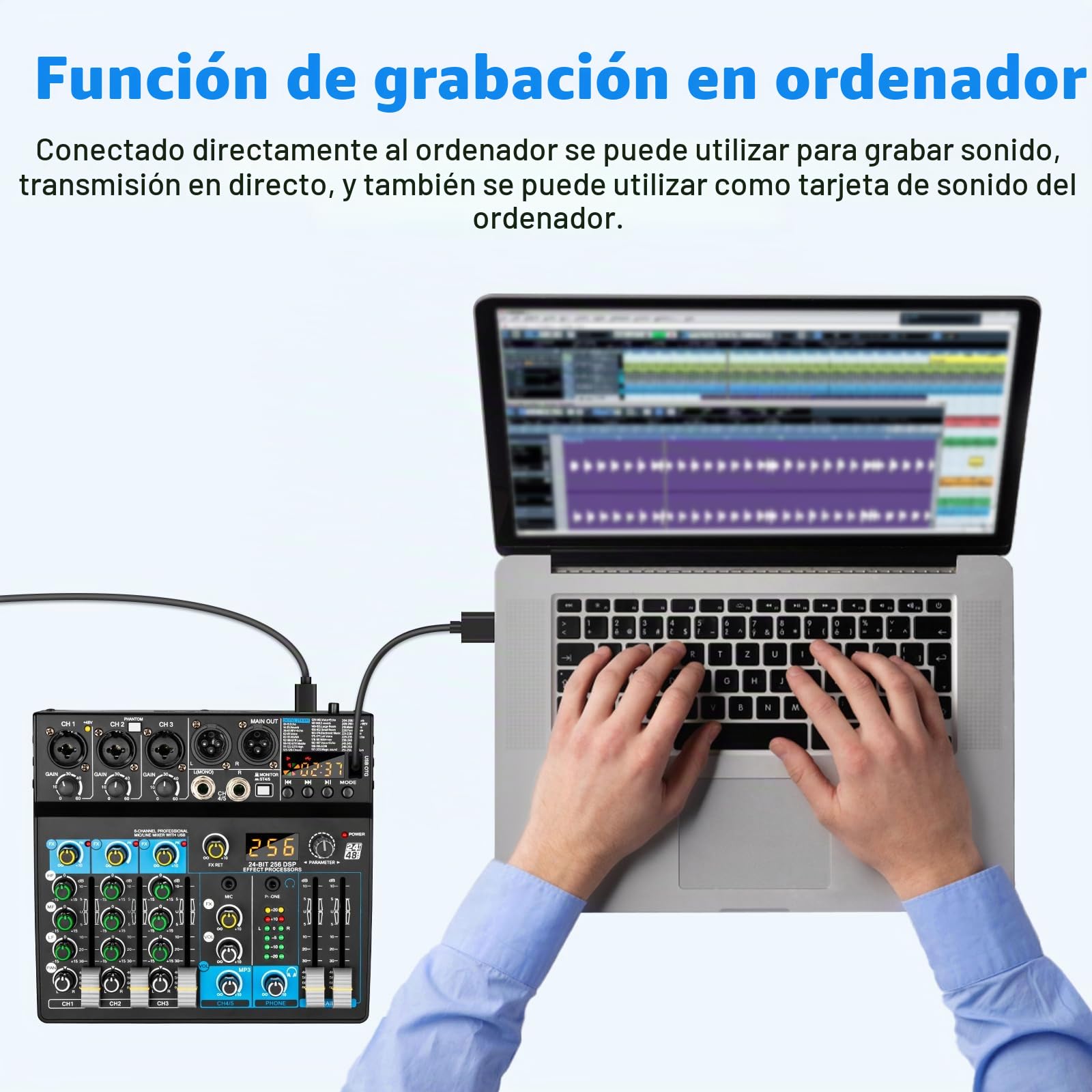 Depusheng BF6 Mezclador de audio profesional, efectos digitales, DSP de 256 bits, USB, Bluetooth, MP3, mezclador de DJ para computadora, interfaz de entrada de 5 canales con alimentación fantasma