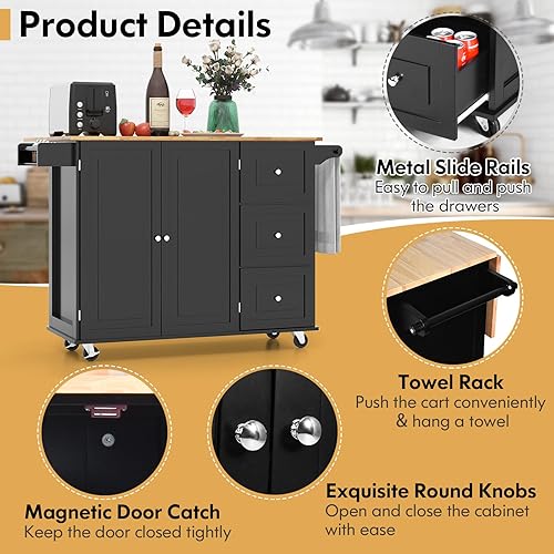 Miniatura 4 de GOFLAME Carrito de isla de cocina con hoja caída, carrito de cocina con ruedas con parte superior de madera de goma, 3 cajones, toallero y estante