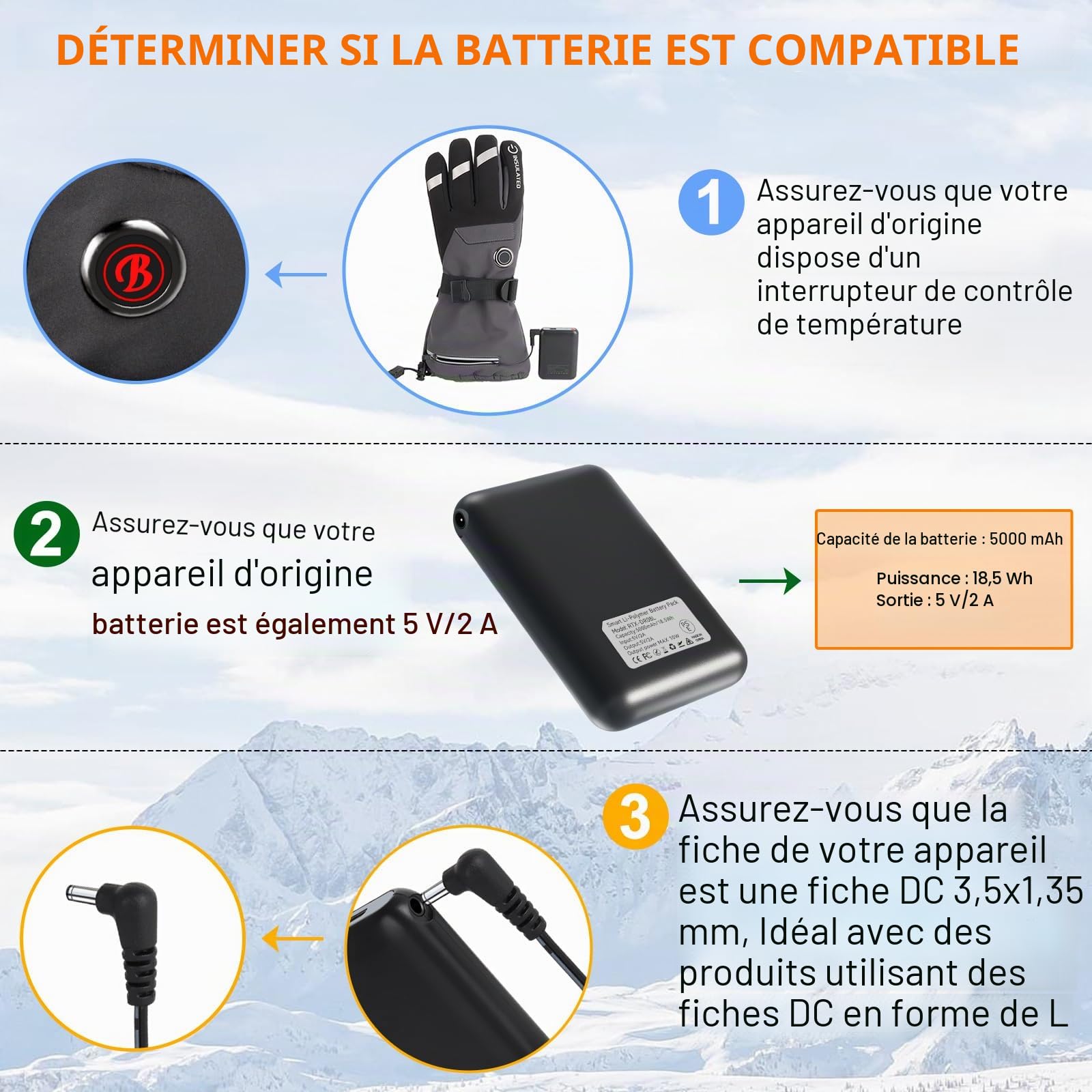 Batterie rechargeable Li-polymère 5 V 5000 mAh, chaussettes chauffantes rallongent les piles, sortie DC 3,5 × 1,35 mm, batterie de rechange pour pantoufles, gants, chapeaux - Ne prend pas en