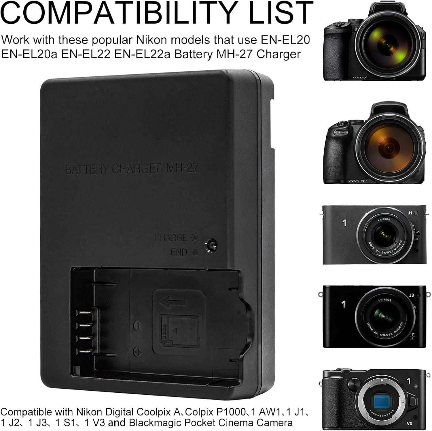 MH-27 MH27 Battery Charger for Nikon EN-EL20/20a/22/22a P1000 Coolpix A, Nikon 1 AW1/J1/J2/J3/S1/V3