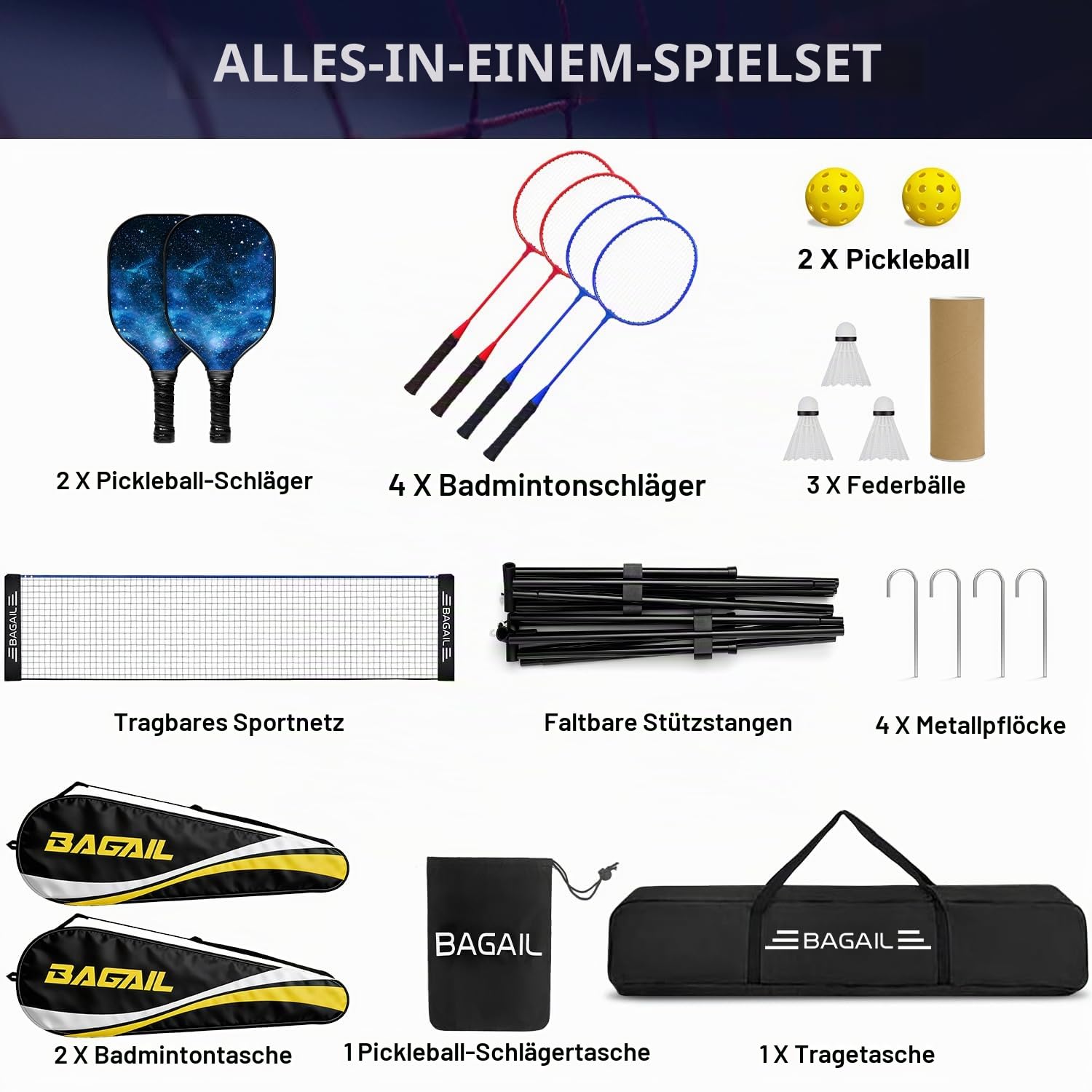 BAGAIL Sportnetz mit Pickleball- und Badminton-Sets, 5.2m | höhenverstellbares Netzsystem, tragbare Transporttasche, Aufbau ohne Werkzeug, ideal für Volleyball, Pickleball und Tennis