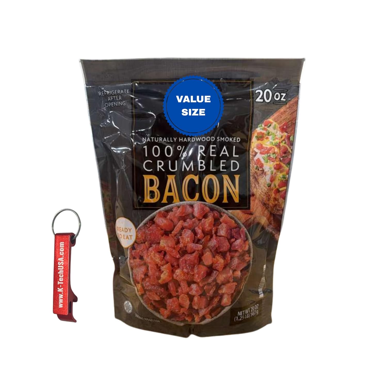 Real Crumbled Bacon Pieces, Fully Cooked Bacon Bits, Shelf Stable, 20 oz with K-Tech USA Keychain