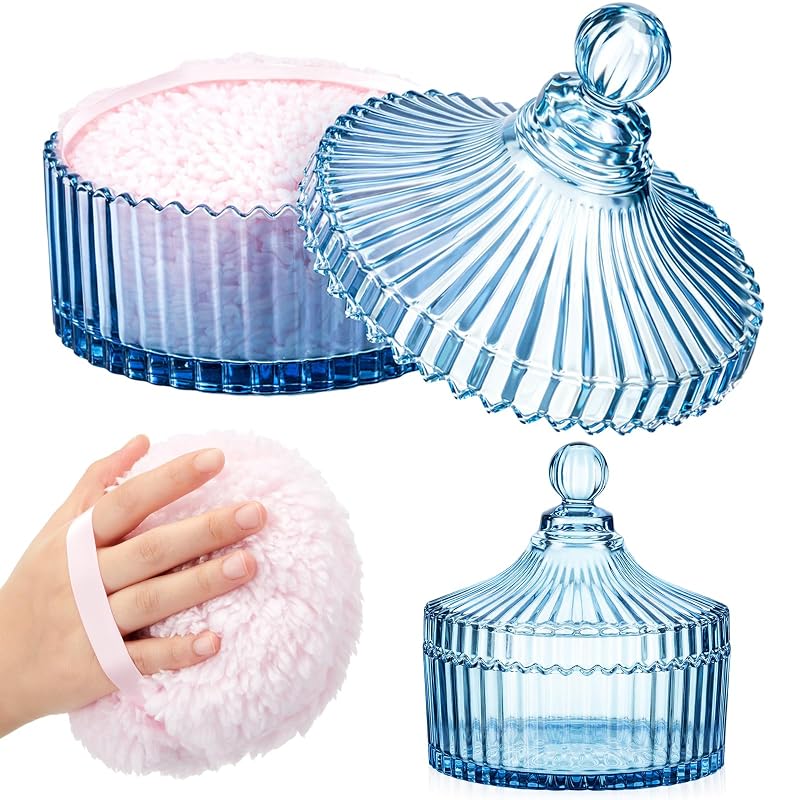 Tioncy Conjunto com 2 peças para pó com esponja e recipiente de vidro azul clássico