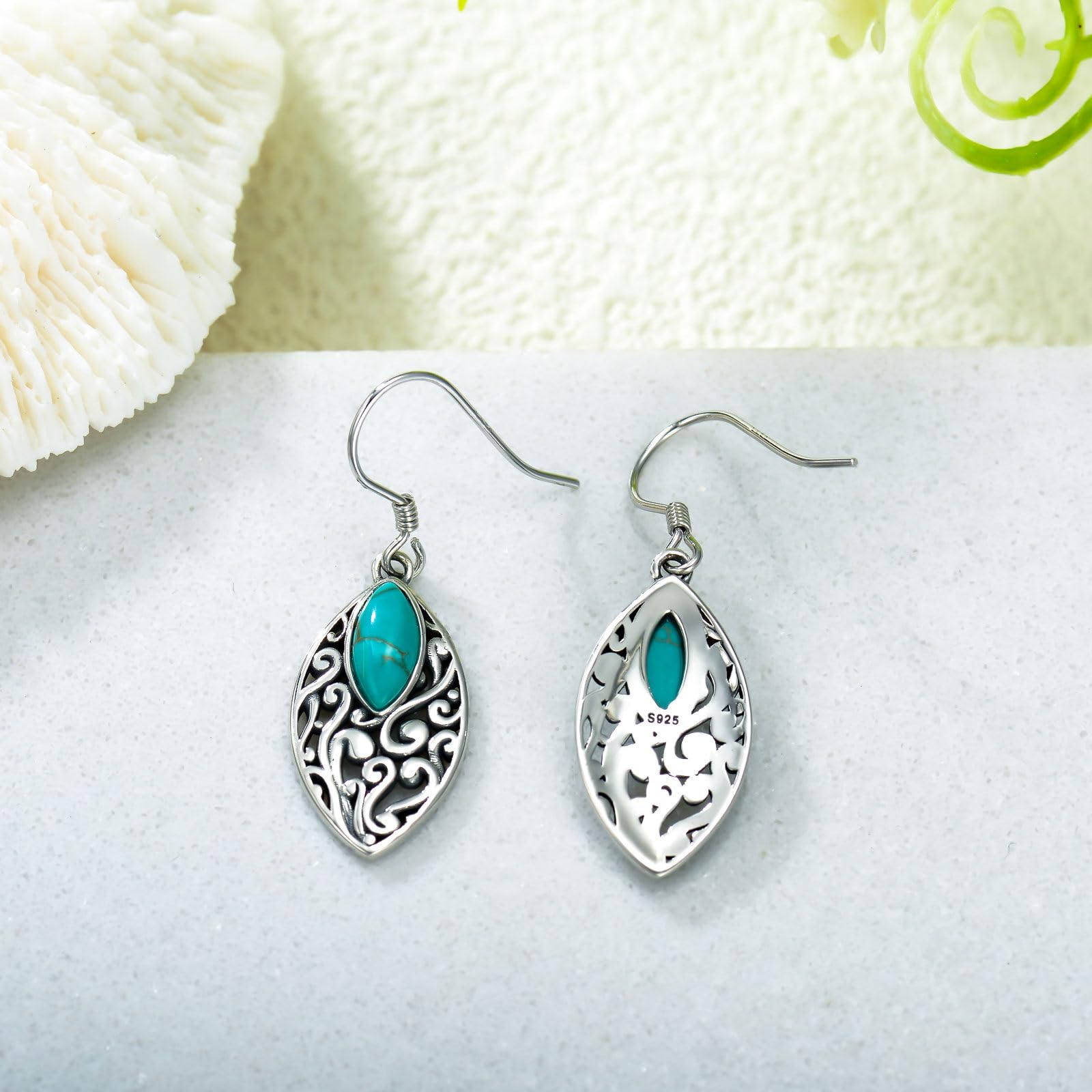 Vintage Filigrane mit Marquise Geformte Türkis Haken Ohrringe 925 Sterling Silber Boho Style Schmuck für Frauen