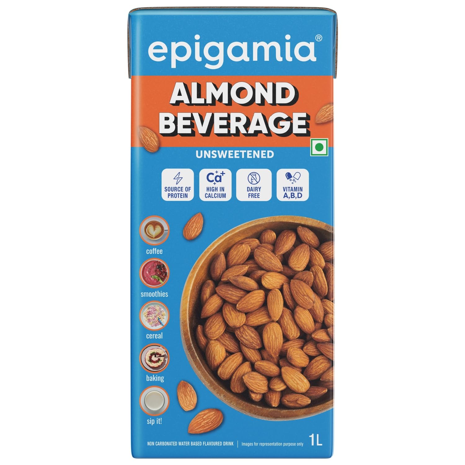 Epigamia Almond Drink- Unsweetened 1L |Plant-Based, Lactose Free | No Added Sugar| No Preservatives | 100% Dairy Free | High Protein| Low Calories