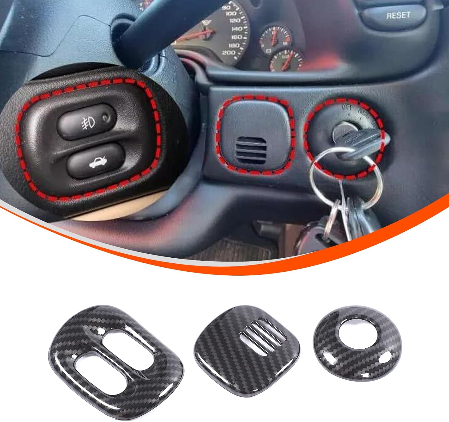 for Corvette C5 Dashboard Headlight Front Fog Button Start Keyhole Cover Trim Compatible with 1997-2004 Corvette C5 Accessories ABS Center Console Button Decorative Frame 3PCS (Carbon Fiber Style)