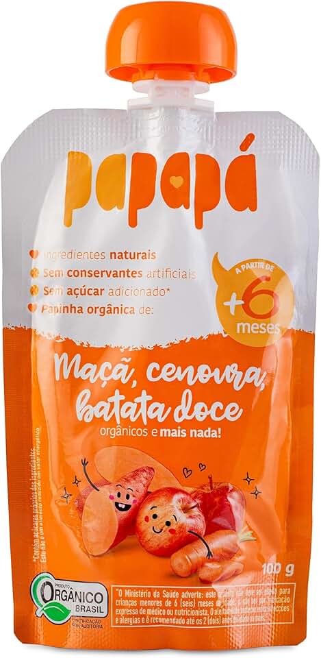 Papapá, Papinha Orgânica de Frutas, Sabor Maçã, Cenoura e Batata Doce, 100g, Sem Açúcar Adicionado, Ingredientes Naturais