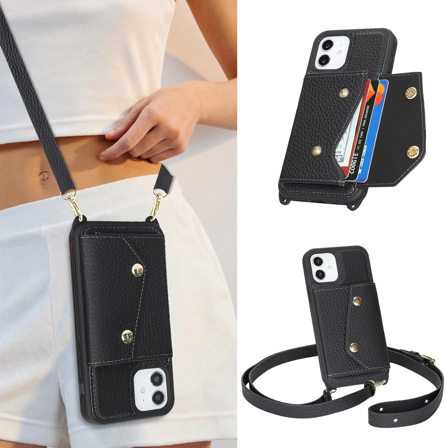 Jaorty Genuine Leather Wallet Case for iPhone 12 Pro/12, Necklace Lanyard Case Cover with Card Holder & Cash Pocket for Women Girls,Magnetic Snap,Anti-Lost Shoulber Strap 6.1 inch,Black