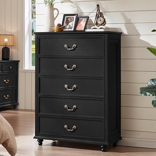 Miniatura 50 de Cómoda de 5 cajones estilo granja para dormitorio, cofres de cajones rústicos de 45" de alto con 4 patas de madera maciza, cómodas de almacenamiento