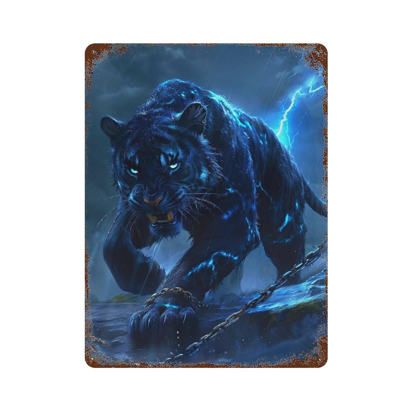Black Panther with Lightning Weathered Tin Sign 15.7"x11.8", Industrial Home Decor for Basement, Hobby Room And Garage Decor