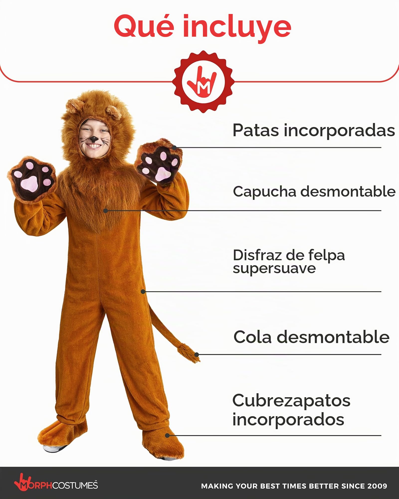 Morph Disfraz León Infantil Mono Suave Capucha Melena Orejas Cola Desmontable Animal Marrón Tallas T2 S M L XL