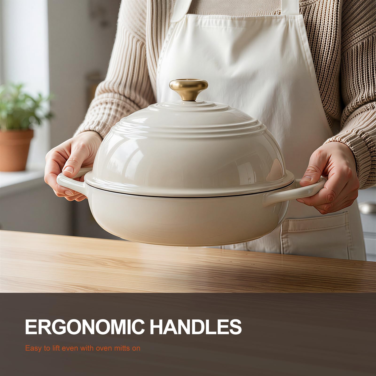 Overmont Olla de hierro fundido esmaltado para Hornear pan - 5.7L Olla holandesa Cacerola con tapa y libro de recetas - Apta para cocina, hornear, estofar y asar - Blanco