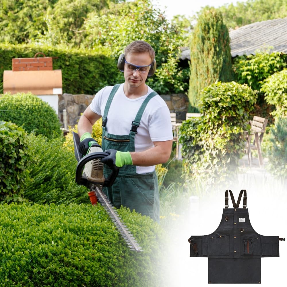 MiOYOOW Tablier d'Atelier de Menuiserie, Tablier de Soudeur en Toile Réglable, Blouse à Dos Croisé avec Plusieurs Poches pour Travail Cuisine Jardinage Maison