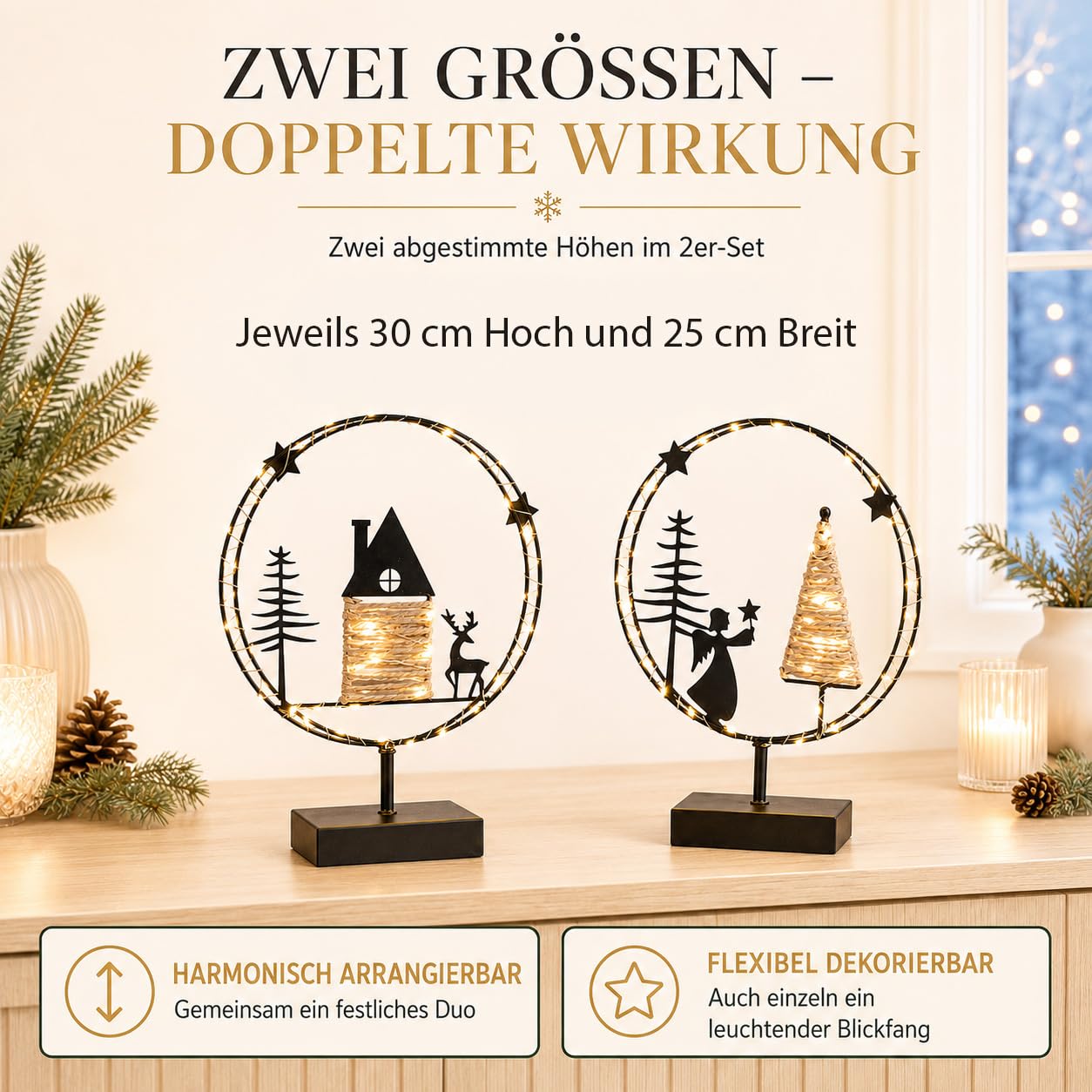formano LED-Kreise 2er-Set Engel & Winterdorf Timer 6h/18h Weihnachtsdeko | Je 43 Lämpchen, warmweißes Licht, Sisal-Akzente, für die Winter- und Weihnachtszeit