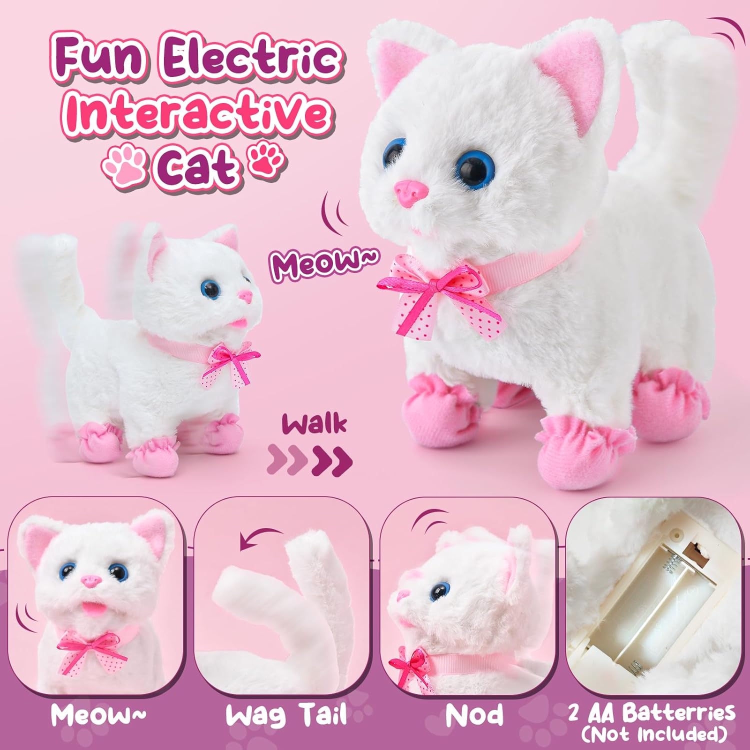 Golray Cat Toys for Kids Girls Gift, Electronic Interactive Plush Toy Cat Can Walk and Meow - 16 Pcs Carrier & Pet Groom Feed Care Pretend Play Set, Birthday Gift for Toddler Little Girl 3 4 5 6 7 8 9 - Image 2