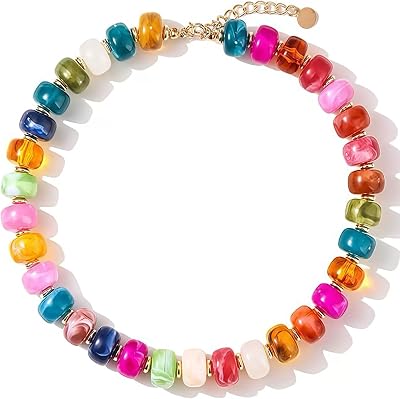 Evabelle Beaded Necklace for Women, Colorful Boho Resin Chunky Necklaces Summer Beach Statement Choker Necklaces Handmade Jewelry Trendy Handmade Gift for Her Mom Wife