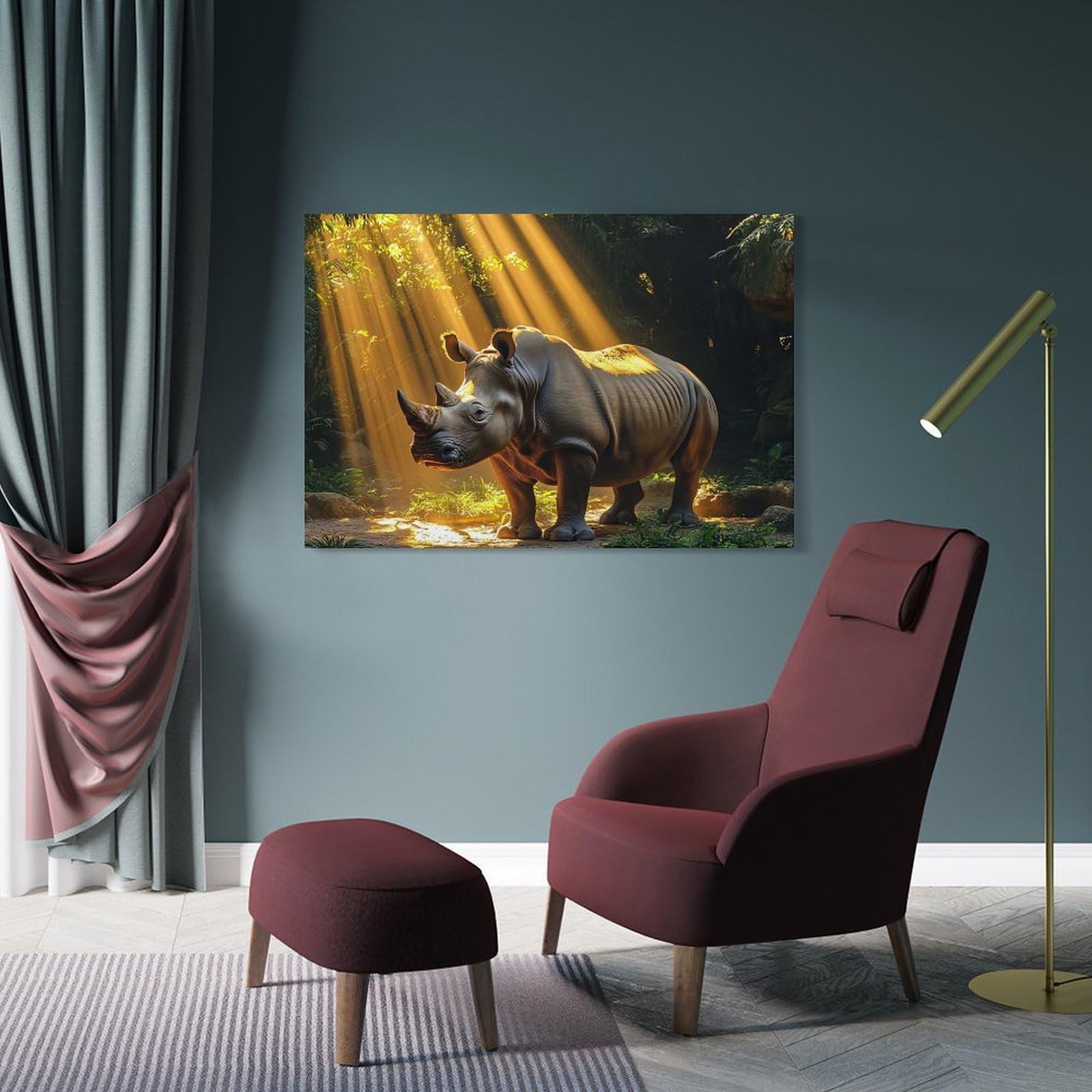 Junmoney Decorative Wall Artwork Rhino in The Jungle Sunlight, 08x12inch(20x30cm), for New Homes, Bedrooms Or Workspaces, Canvas Artwork with Gifting Potential