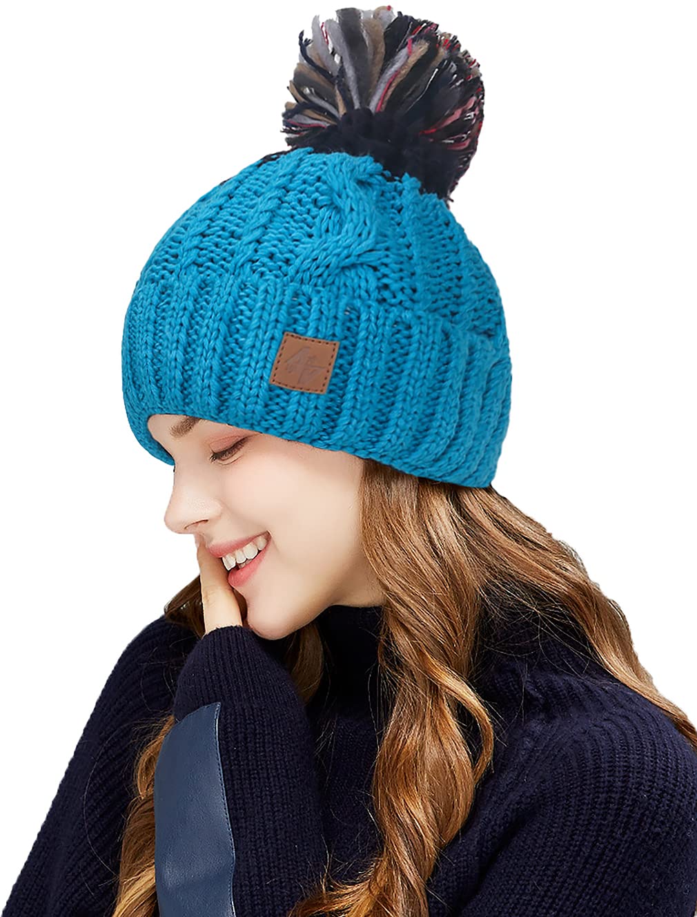 4sold Womens Beanie Warm Winter Corkscrew Cable Knitted Bobble Hat Plain Ski Pom Wooly Cap