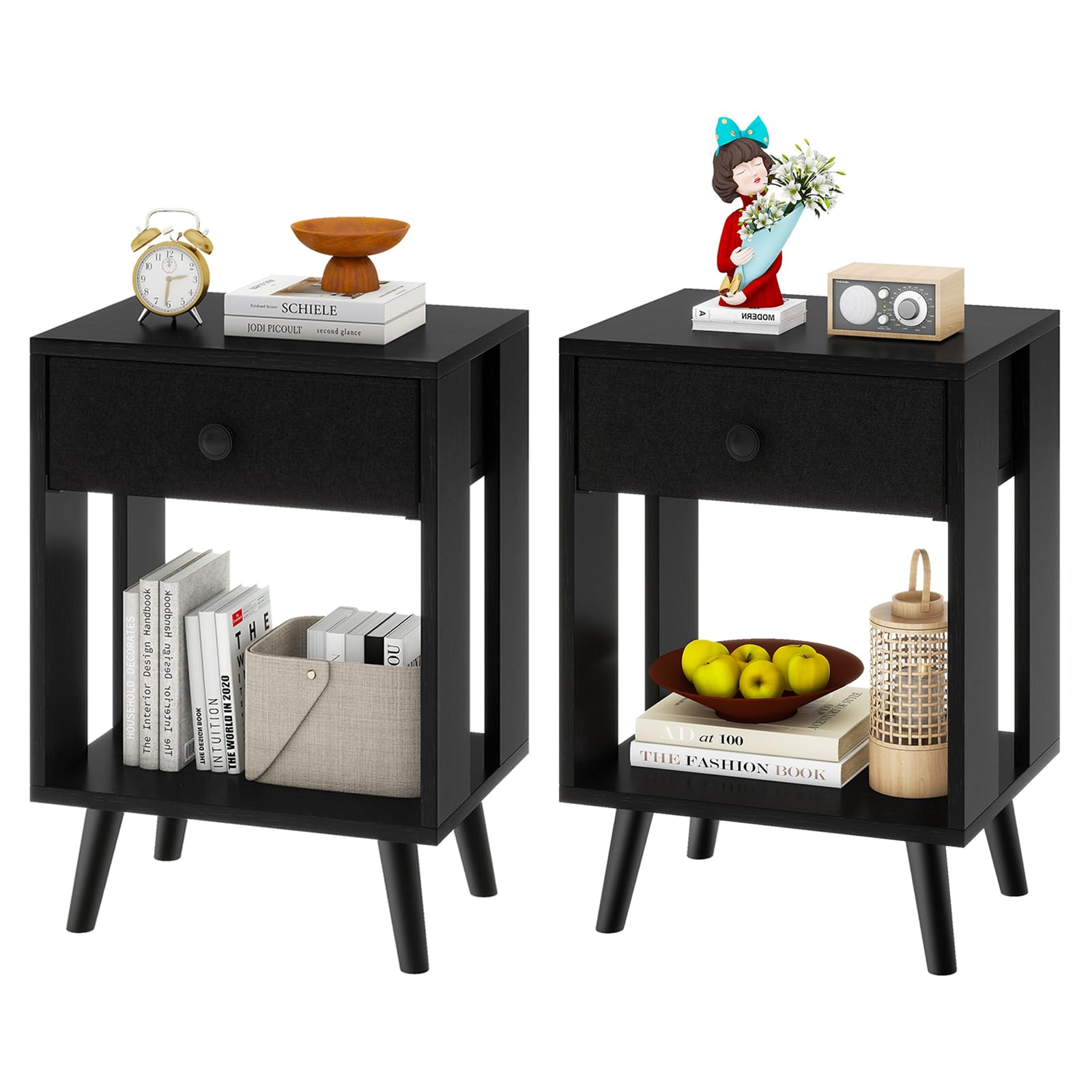 YMYNY Table de Chevet, Lot de 2, Table d'Appoint, Commode de Chevet, Tiroir en Tissu, Étagère Ouverte, Pieds Massifs en Bois, Moderne, Structure Simple, pour Chambre, Salon, Noir HST012B-2