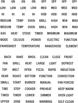96x Universal Primary Operation + Oven Cooktop Functions Texts Decals Control panel Labels (Black Print Clear Adhesive) Basic Replacement Stove Oven Sticker Word Lettering Appliance Indicator