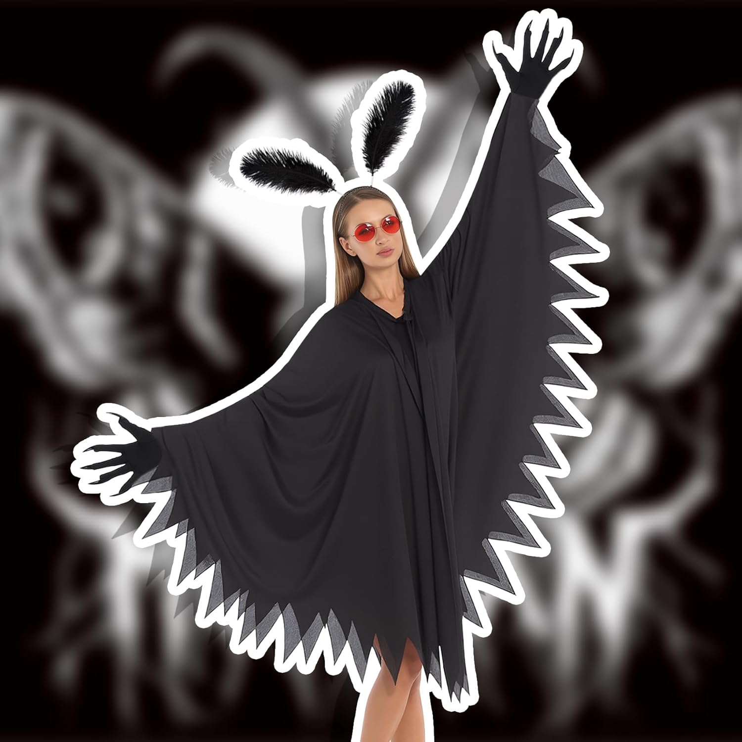 Halloween Unisex Mothman Costume Paw Gloves Glasses Headband Black Cape for Adult Halloween Cosplay Party(Elegant) - Image 5
