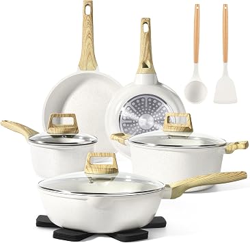 GiPP Pots and Pans Set Non Stick - 14 Piece White Ceramic Kitchen Cookware Sets Nonstick Induction Cookware Non-Toxic Cooking Pan Set with Silicone Spatula&Spoon, PFOS and PFOA Free White, 14PCS