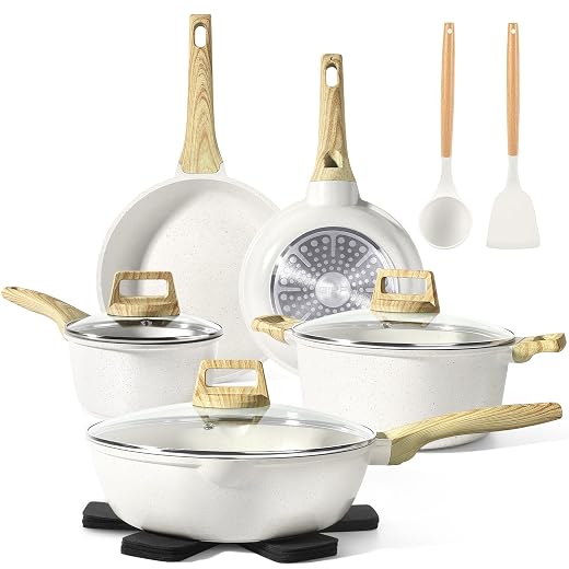 GiPP Pots and Pans Set Non Stick - 10 Pcs White Granite Kitchen Cookware Sets Nonstick Induction Cookware Cooking Pan Set with Frying Pans, Saucepans and Silicone Utensils, PFOS & PFOA Free