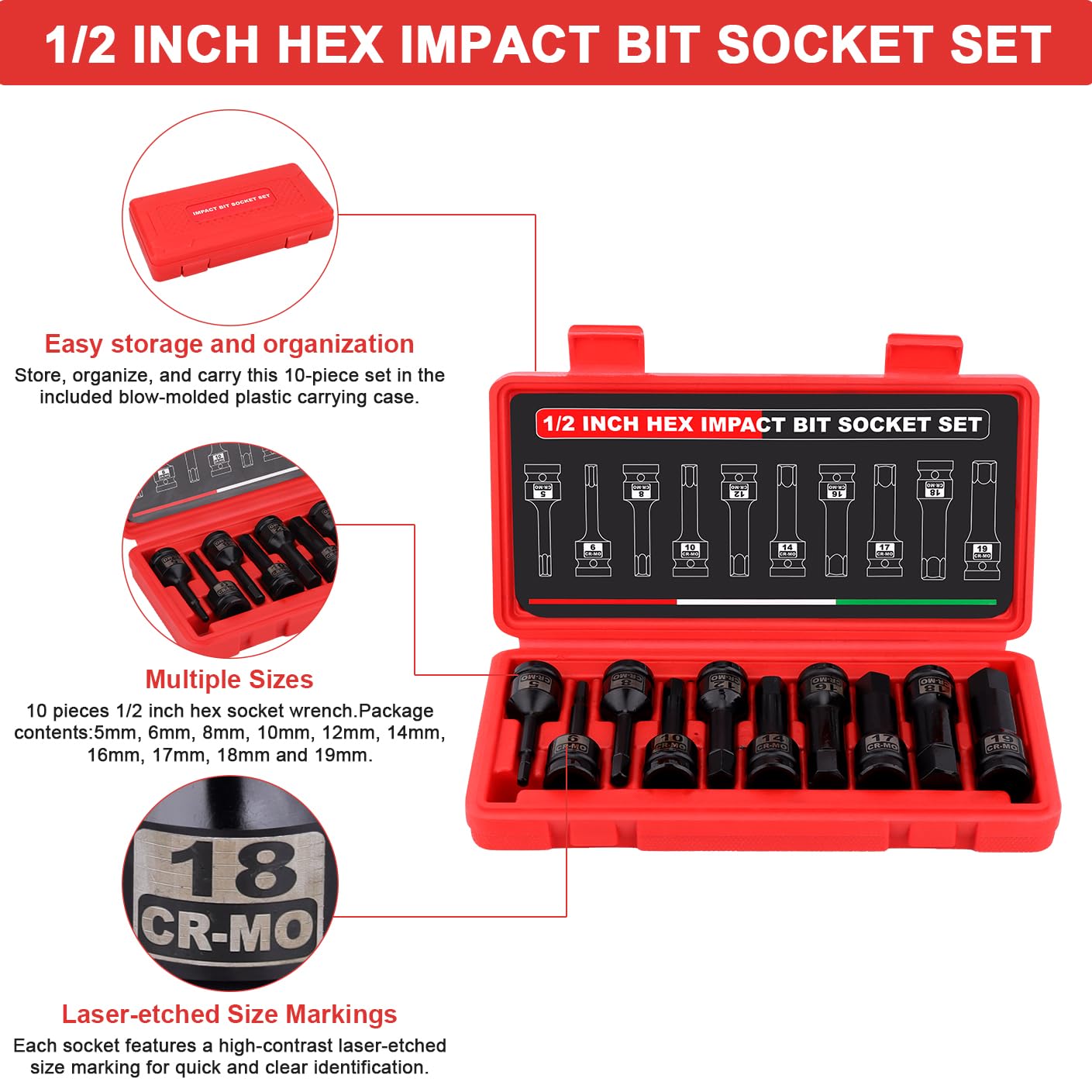 Douilles Longues à Chocs Hexagonal 1/2'', H5 (5mm) Douille Allen à Choc