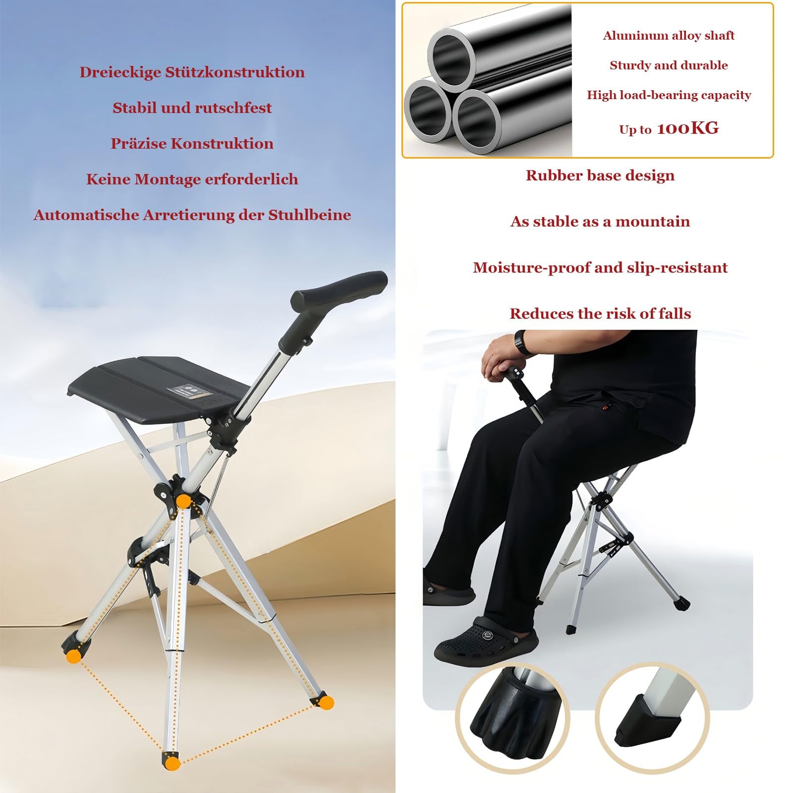 Bastón Plegable Y Ligero De 3 Patas con Asiento Ideal para Caminar Y Disfrutar De Deportes Al Aire Libre para Personas Mayores Y Adultos