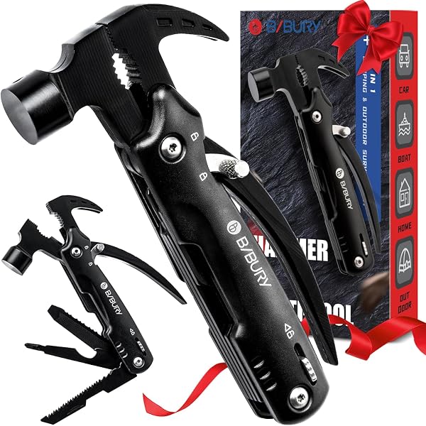 BIBURY Mini Hammer Multitool, Gifts for Men, Unique Valentine's Day Gifts Father's Day Birthday Gift Ideas, Outdoor Accessories Camping Tools for Hiking, DIY Activities, Home Improvement Black - 1