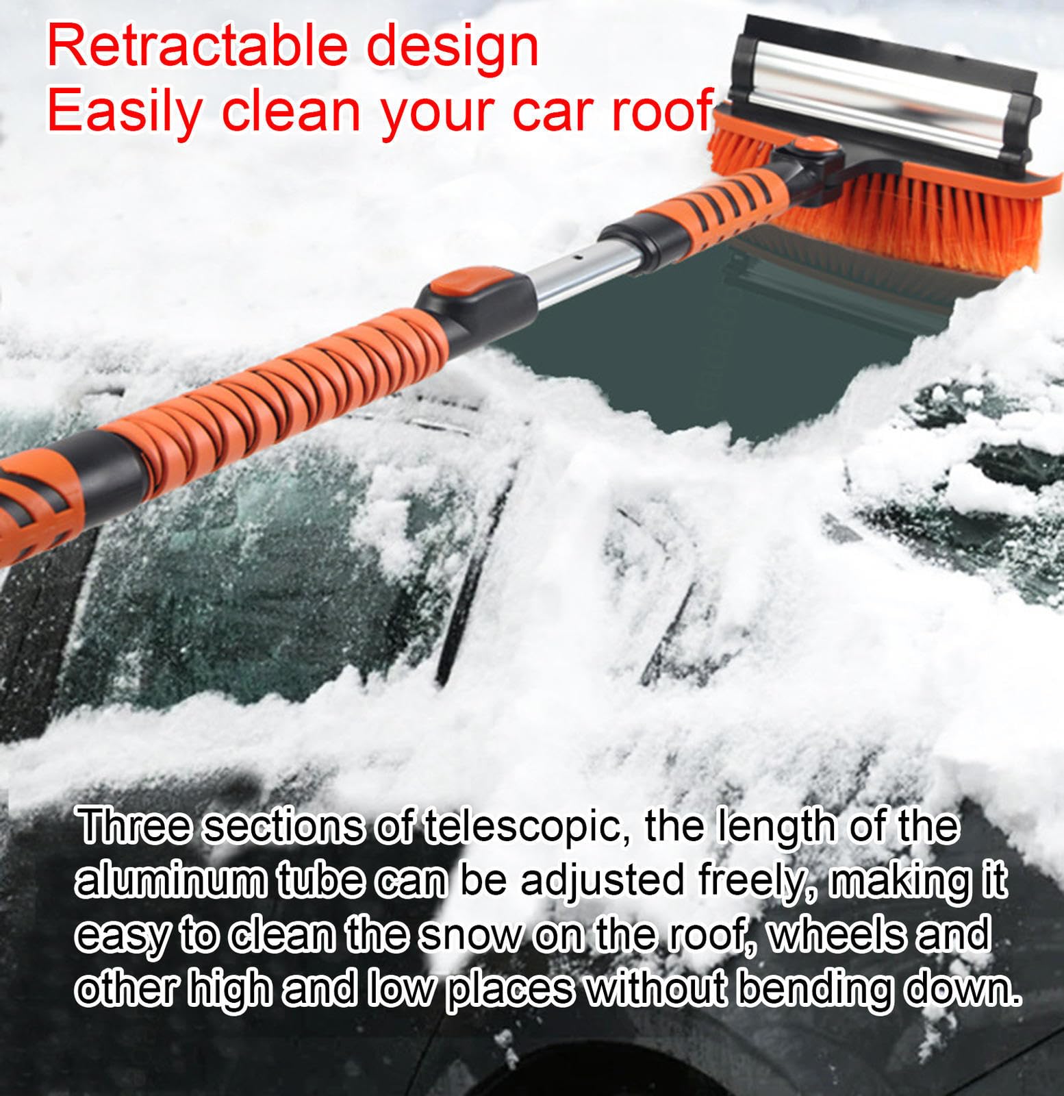 VIDECOR Rascador de Hielo y Cepillo para Nieve con Escobilla de Goma, Eliminación de Hielo de Nieve Extensible con Agarre de Espuma para Parabrisas, SUV, Camión, Ventana de Vehículo,Orange