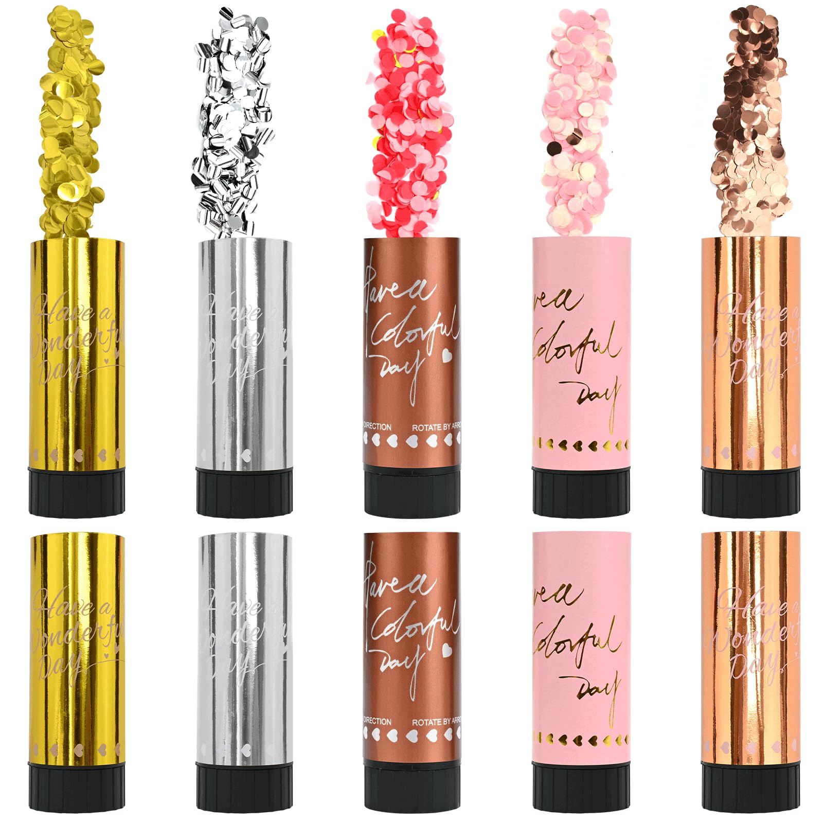 DRERIO Pack of 10 Twist Confetti Poppers, 10.5cm 5 Colour Party Cannons No Compressed Gas for Wedding Gender Reveal Anniversary Christmas New Year Celebrations
