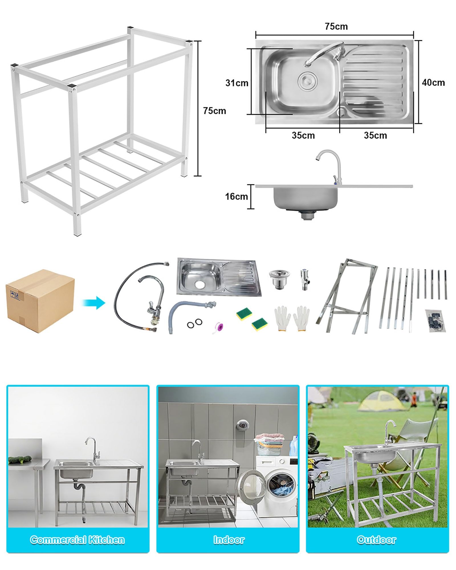 Fregadero Cocina 1 Seno Con Grifo Y Cepillo Esponja Fregadero Industrial Acero Inoxidable Con Banco De Trabajo Y Estantes Fregadero Independiente Fregadero Exterior Jardin Para Lavadero Garaje(75cmX45