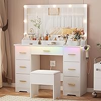 METOTI 44" Modern White Vanity Desk with 38" Mirror, 9 LED Lights, Glass Top, 7 Drawers, Power Outlet & Chair