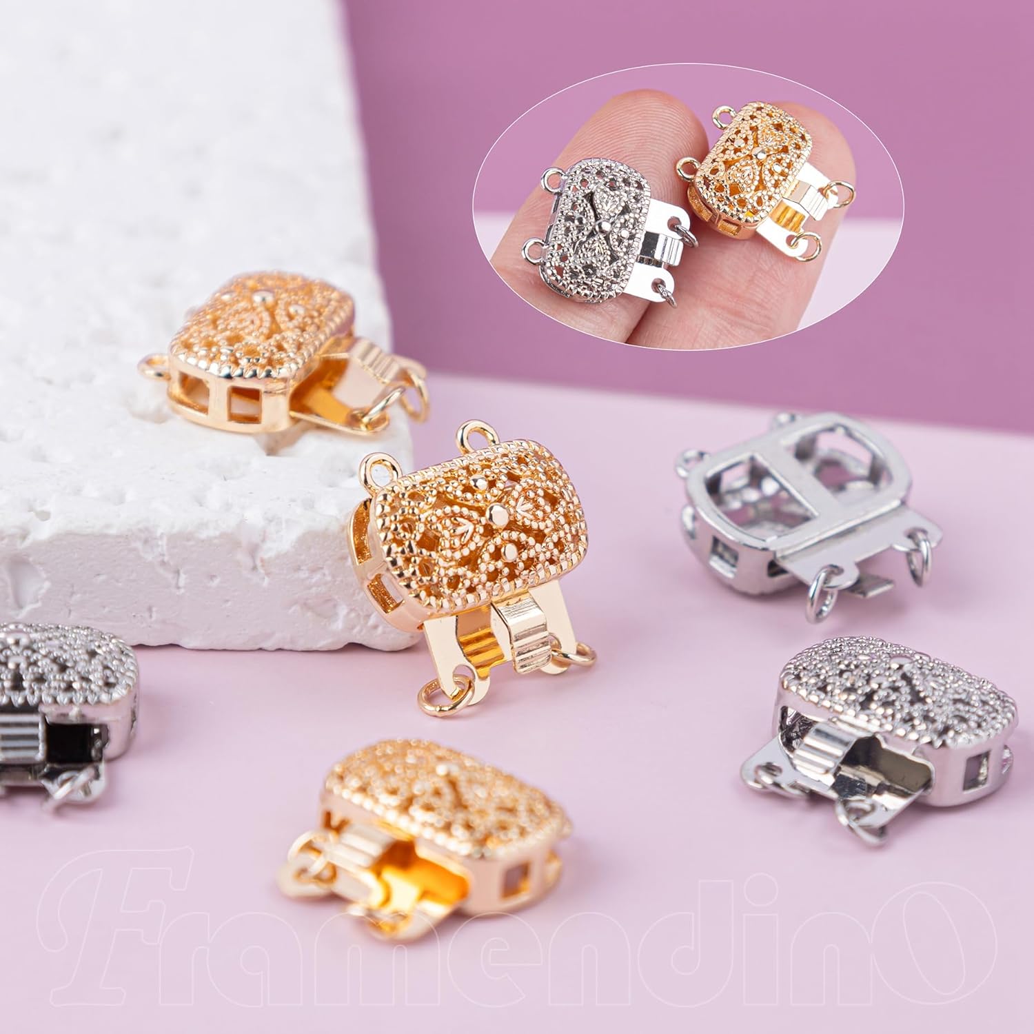 Framendino, 6 Pack 2-Strand Clasps Rectangle Box End Clasp Lock Flower Connector for DIY Jewelry Making - Image 4