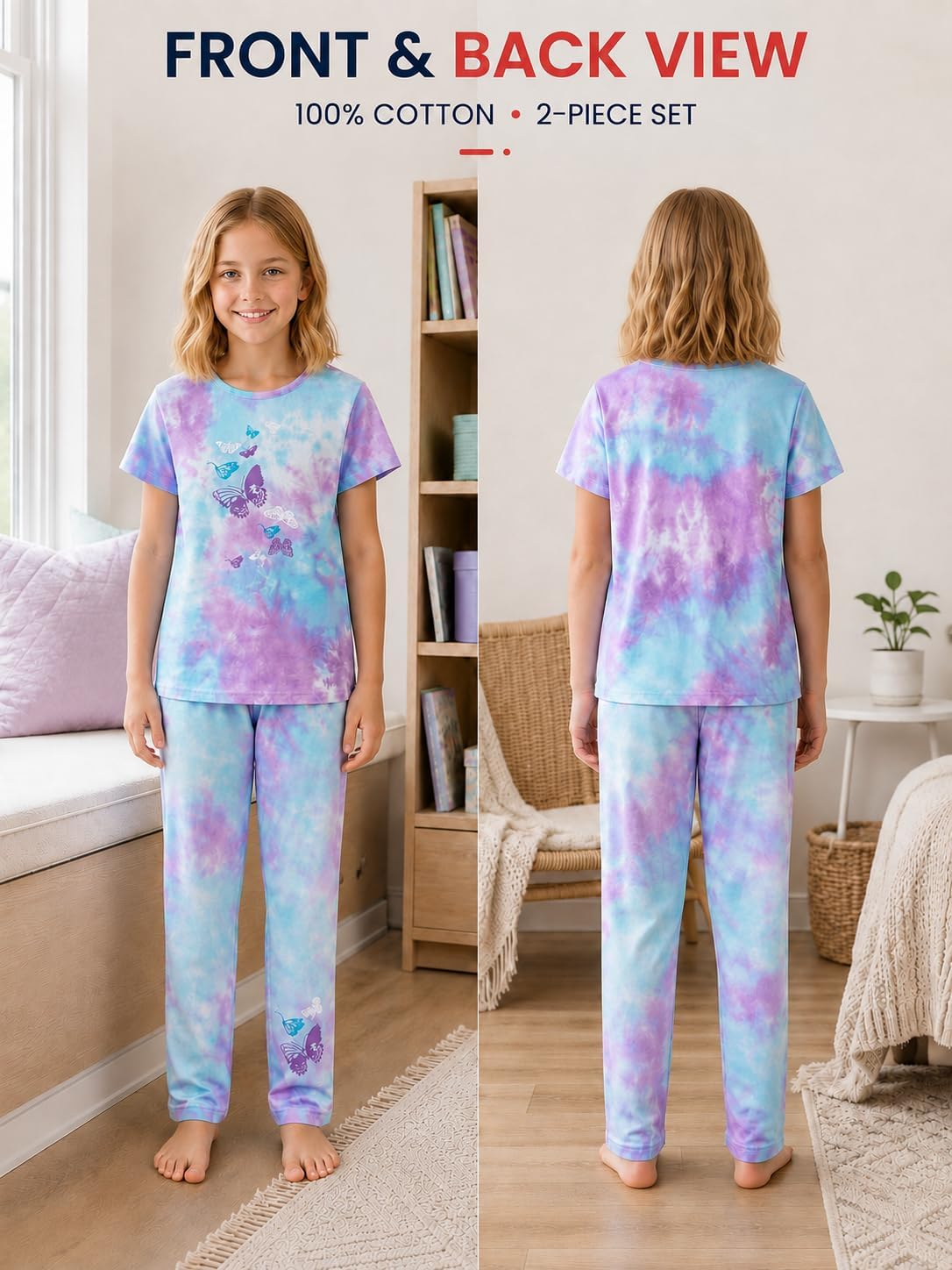 Beezizac Girls' 100% Cotton Pajama Set, Tie-Dye with Various Prints, 4T–18 image 5