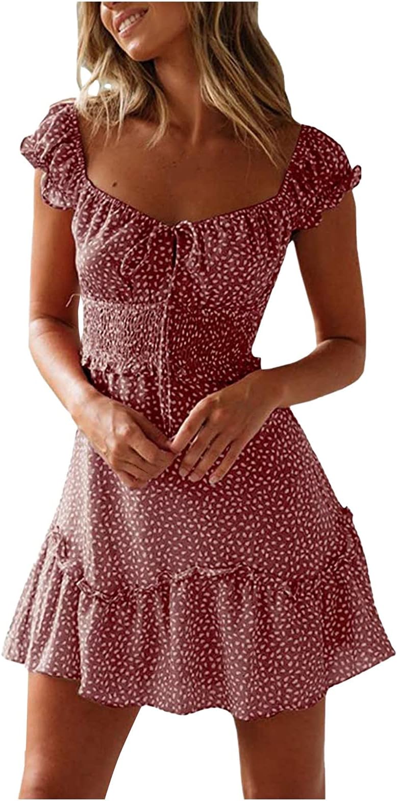 Sexy Sundress Pleated Mini Dress Summer Sleeve Women's Print Neckline Dress Women's Dress Piglet Dress Women Evening Midi Dress Flattering Dress to Hide Tummy