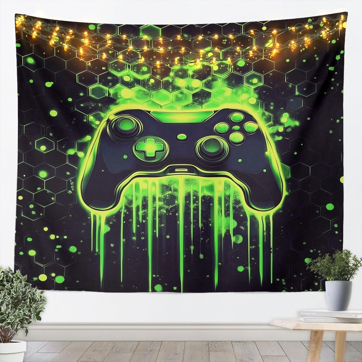 Homewish Gamepad Tapestry,Gamer Wall Hanging Art Green Geometric Honeycomb Wall Blankets Modern Cool Poster Tapestries for Kids Teens Girls Boys Bedroom Decor,59.1x82.7
