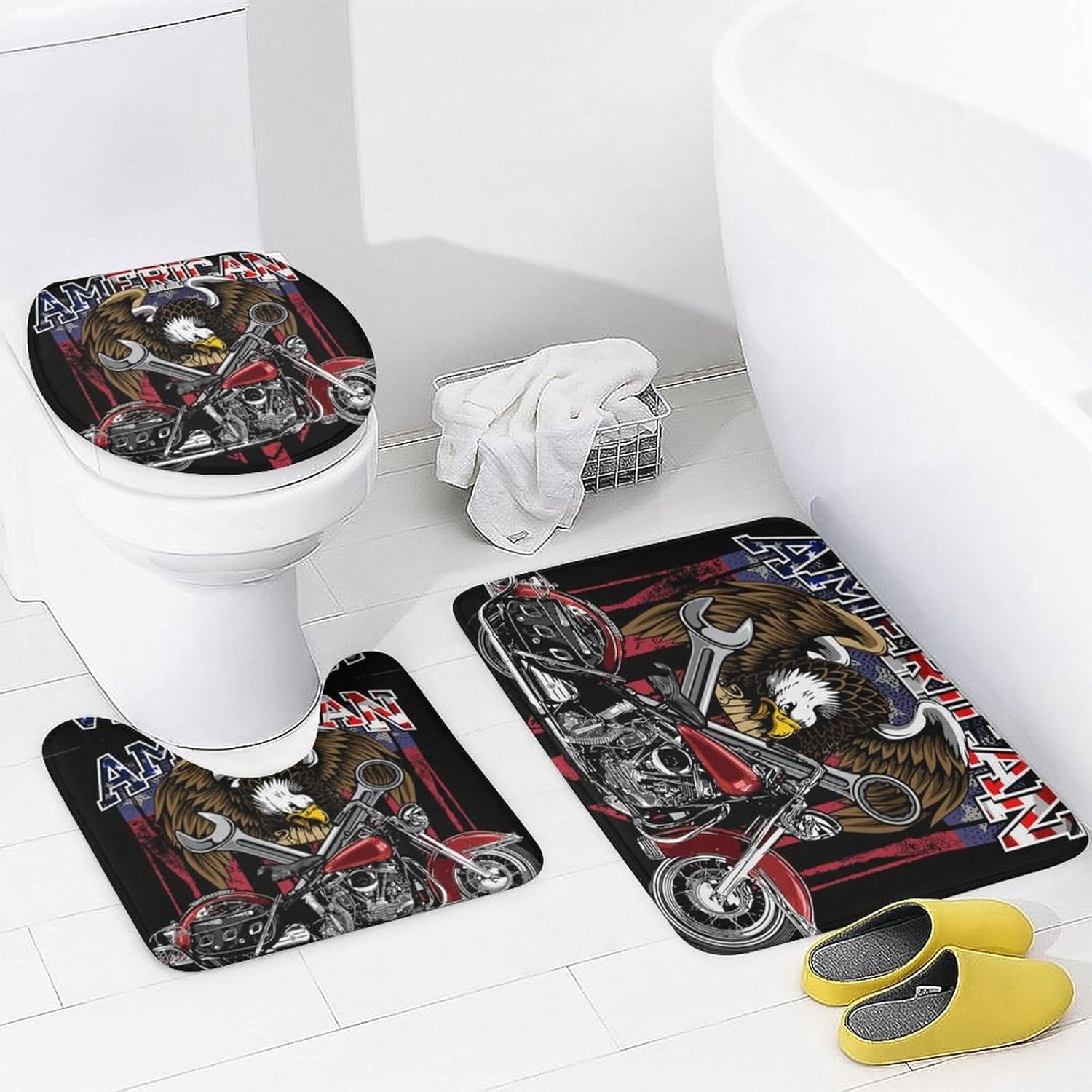 Brebasf Funny Motorcycle Theme 4 Pcs Shower Curtain Bathroom Set Vintage Anime American Flag Eagle Red Motorcycle Shower Mat Shower Curtain with Rug 12 Hooks,72" W x 72" L