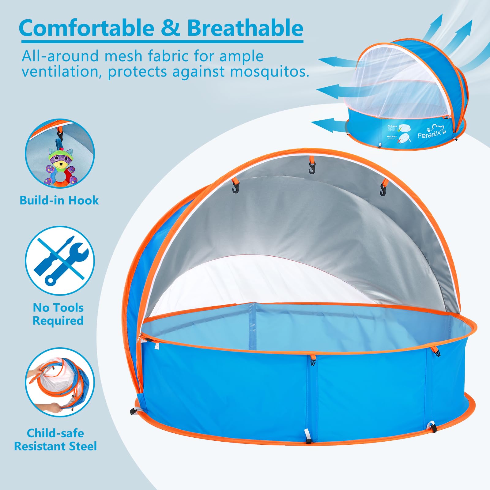Peradix Splash Pool, 4-in-1 Baby Beach Tent with UV Sun Shelter Canopy & Mosquito Net, Portable Pop-Up Infant Ball Pit Tent, Toddler Wading Pool for Kids & Pets - Image 4