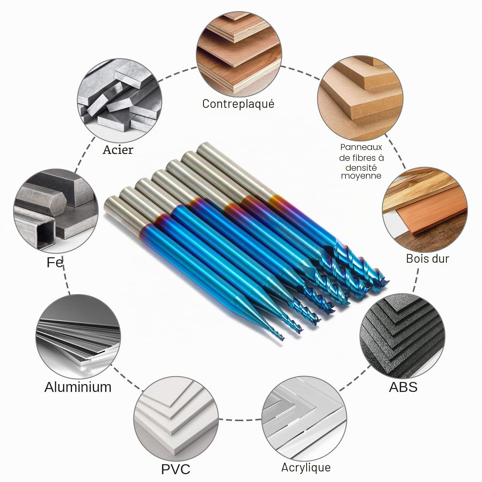 Genmitsu Lot de 7 fraises à bout carré à 3 cannelures pour applications en aluminium, nano revêtement bleu CNC, design de type U, pour le travail et la finition, tige de 4 mm, SN07A