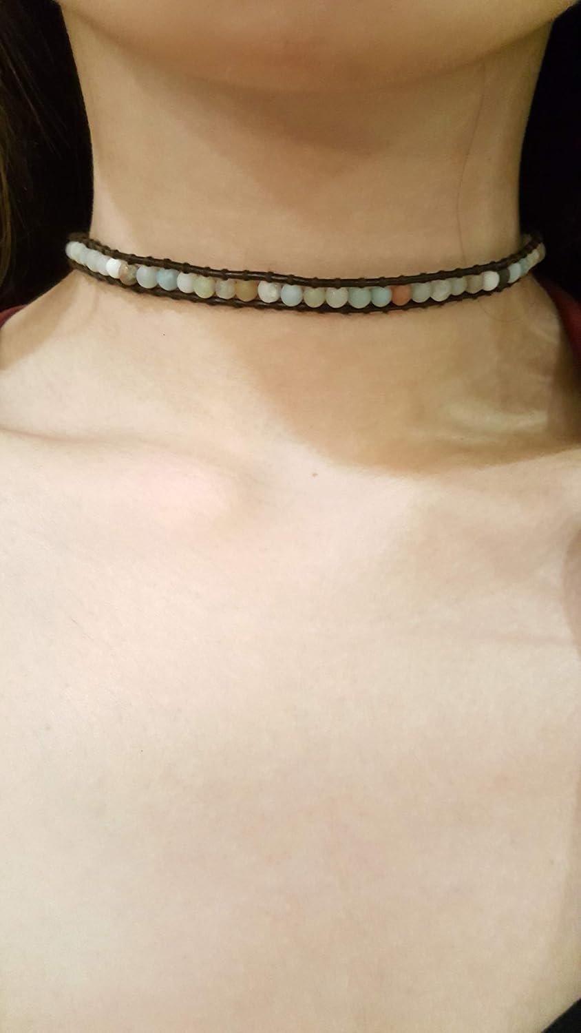 Infinityee888 Amazonite 2 Wrap Bracelets and Choker woven Leather Necklace 2 in 1, Men Bracelet, Women Bracelet. - Image 6