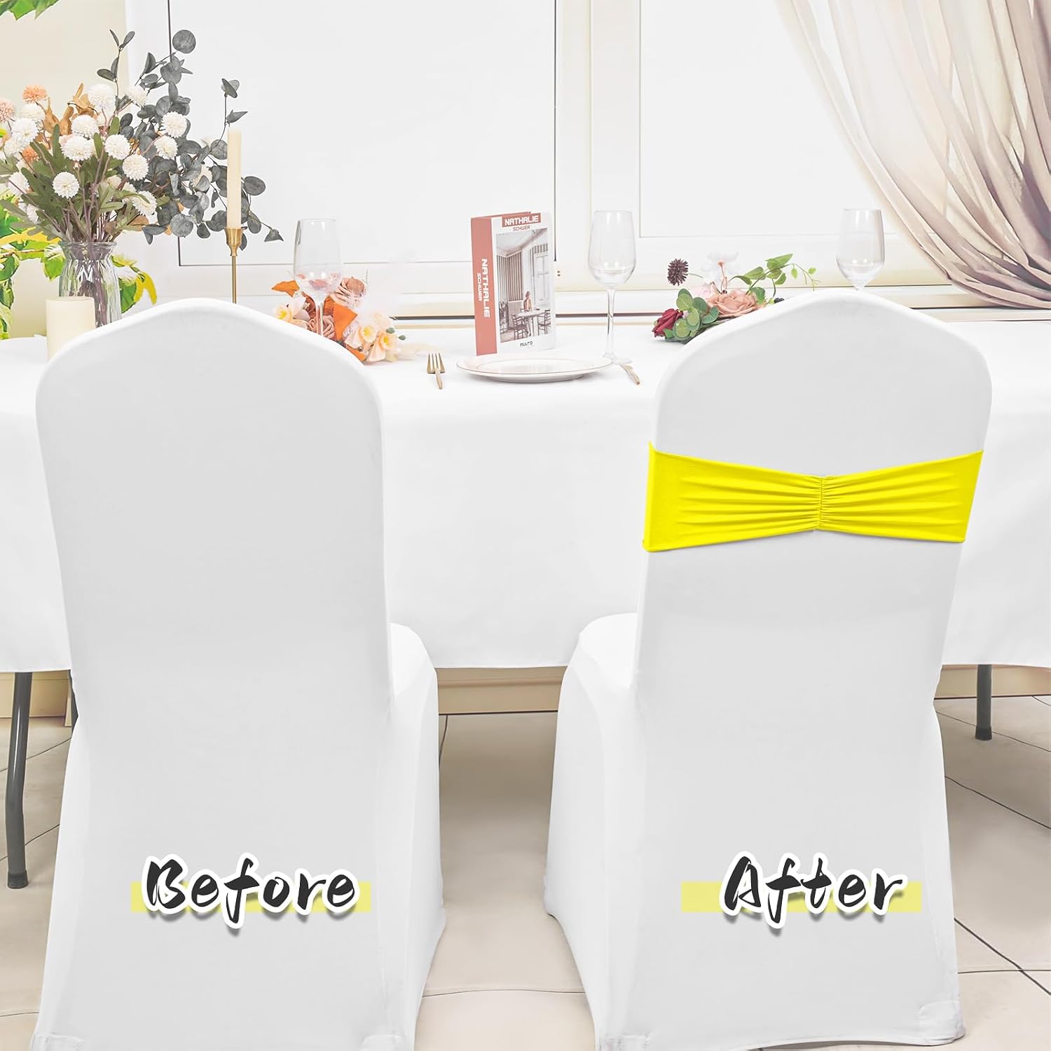 100 Pieces Spandex Chair Sashes Bands Stretch Chair Bow Tie Bands Without Buckle Yellow Elastic Chair Cover Bands Sashes for Wedding Birthday Party Baby Shower Banquet Events Decorations