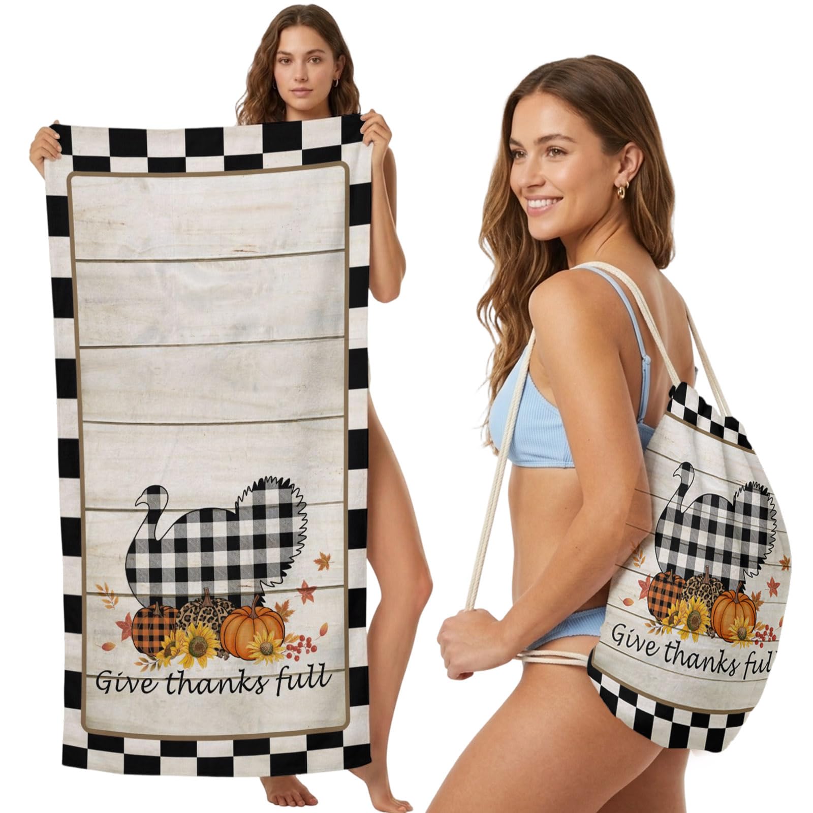 FWJZDSP 2-in-1 Beach Towel Backpack,Give Thanks Full Words Bath Towel with Built-in Storage Thanksgiving Turkey Pumpkin Convertible Foldable Beach Blanket for Travel Pool Gym Camping Swim,31x63in