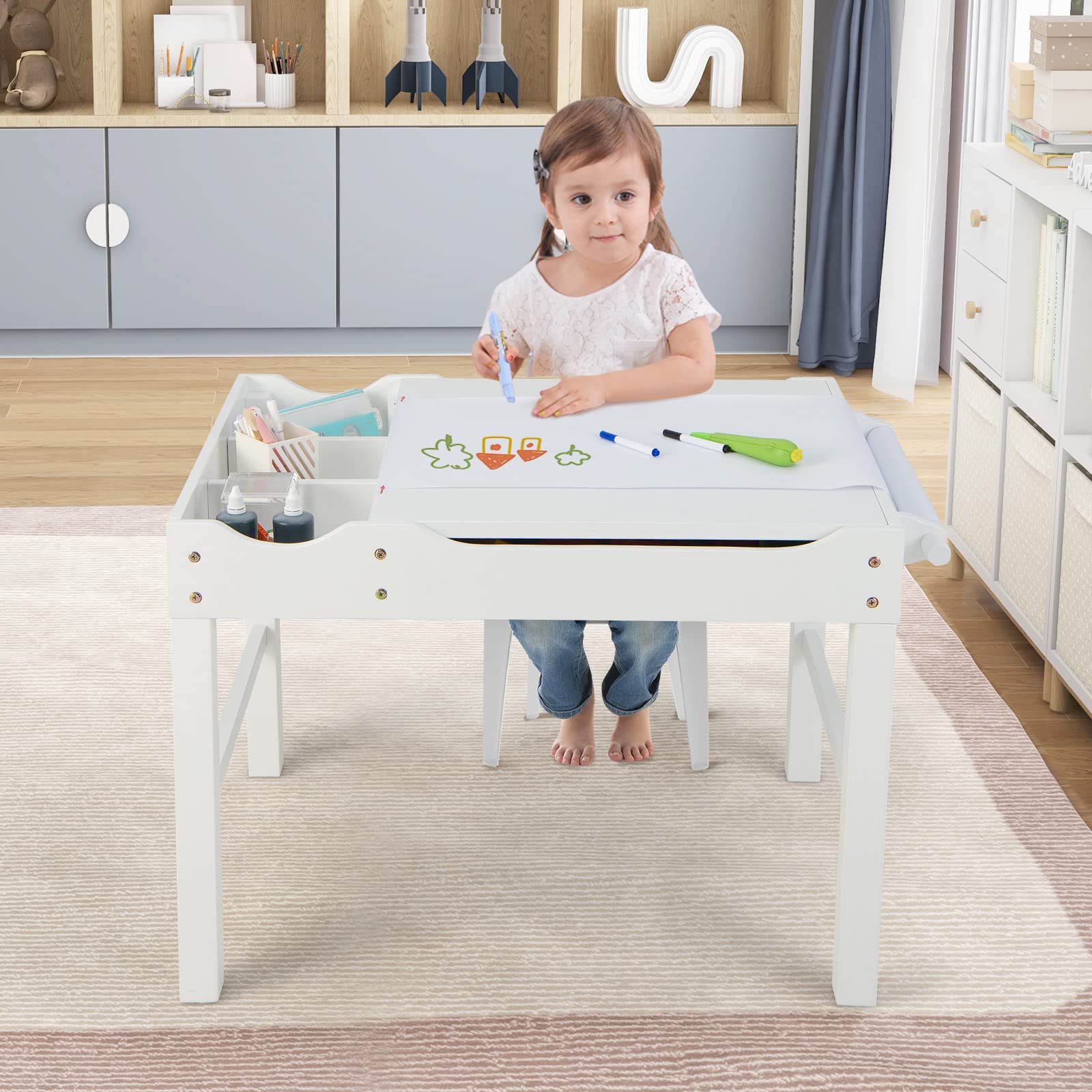 COSTWAY Tavolo da Gioco per Bambini in Legno con Piano Reversibile, Tavolo Multiattività Bambini 2 in 1, Porta Rotolo di Carta da Disegno, per Camera da Letto, Soggiorno (Bianco)