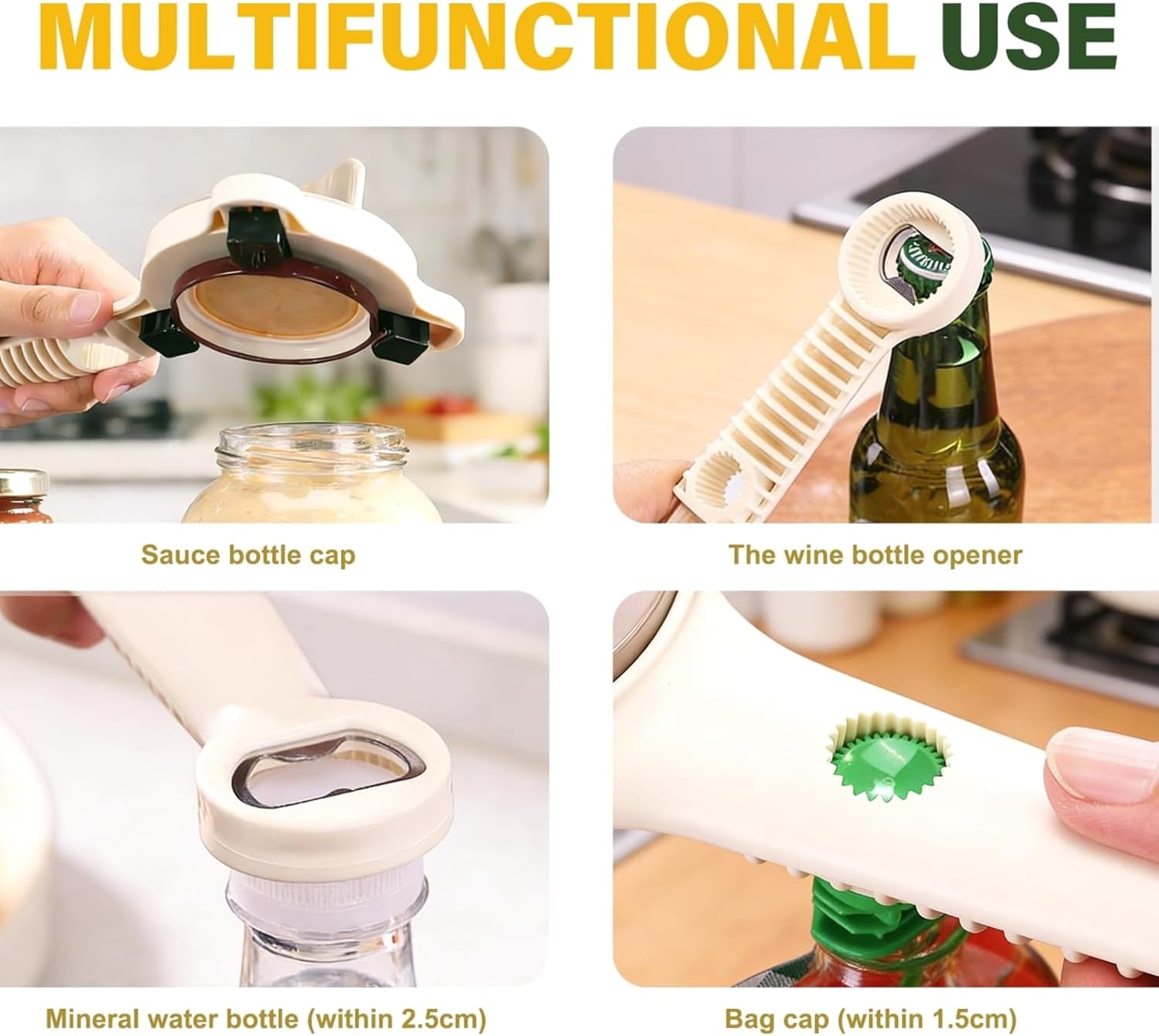 4 in 1 Multi-Purpose Jar Opener for Weak Hands, Adjustable Three Claw Bottle Opener with Non-Slip Grip, Multi-Size Lid Opener for Kitchen Jars and Bottles